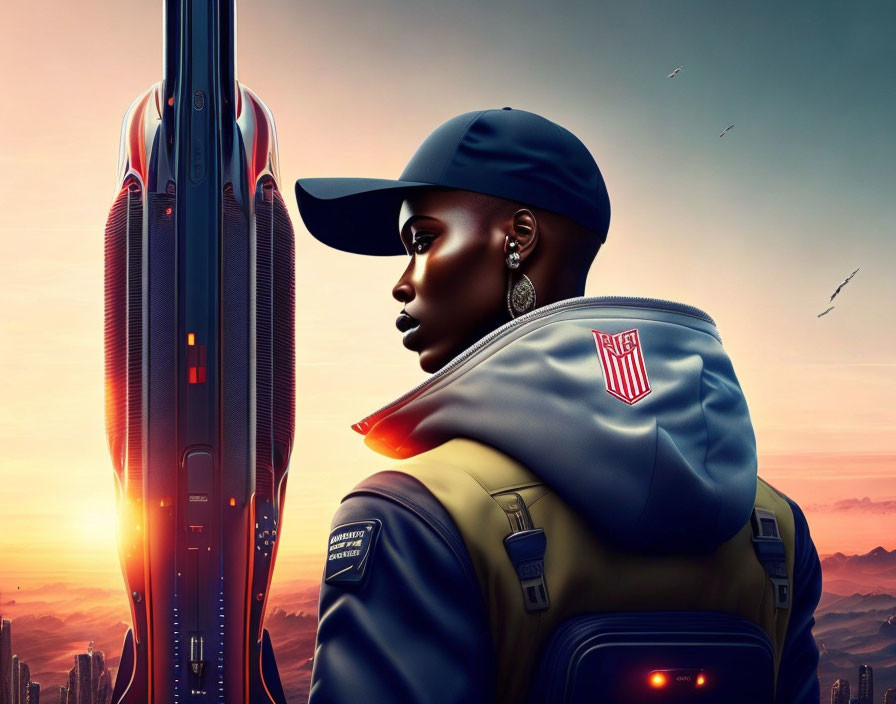 Futuristic person with backpack and cap in front of sleek tower against warm sky