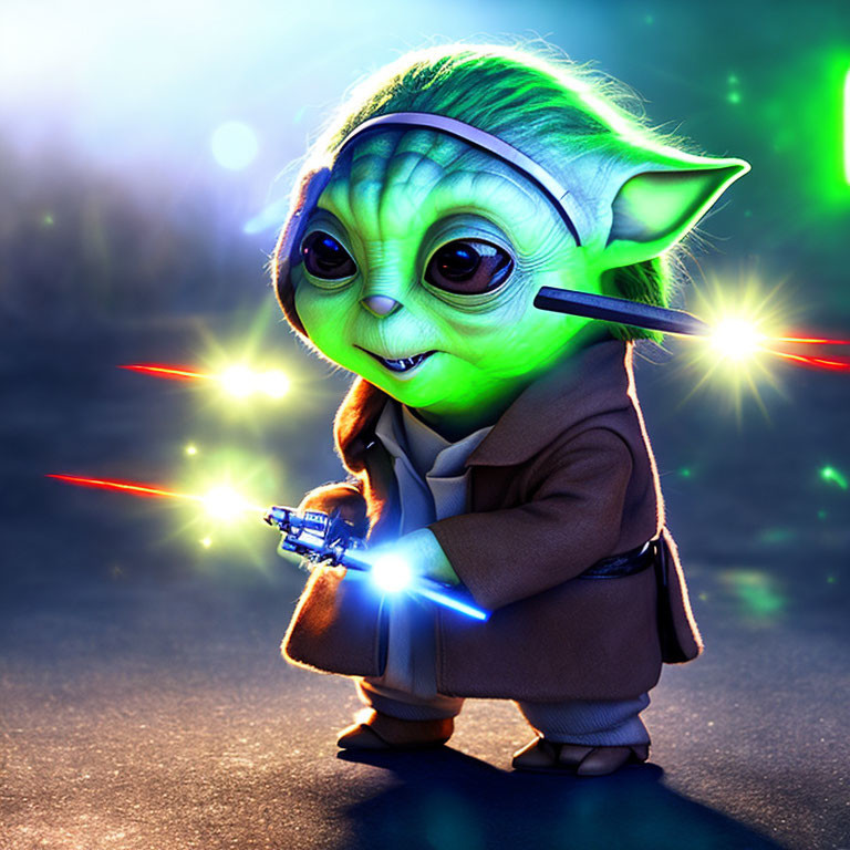 Green, Big-Eared Character with Lightsaber in Dramatic Setting