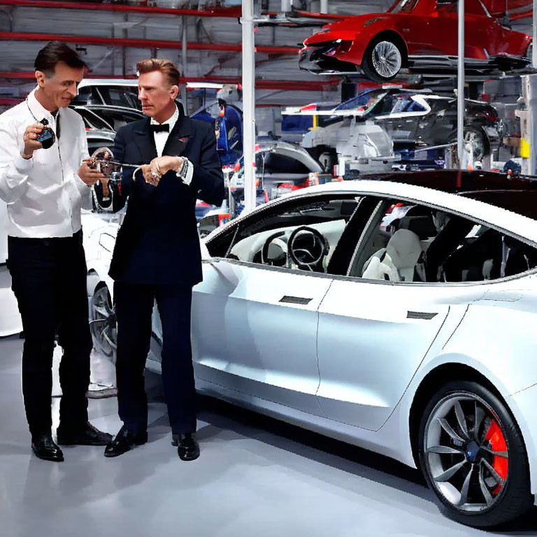 Men exchanging car keys in luxury car showroom setting.