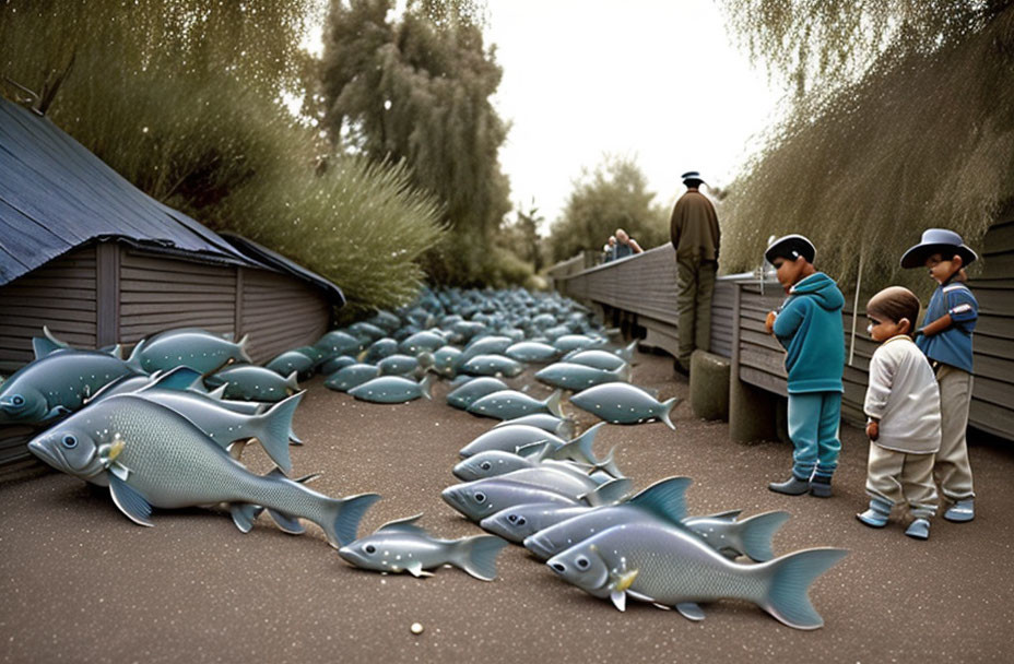 Children and adult observing oversized toy fish on walkway