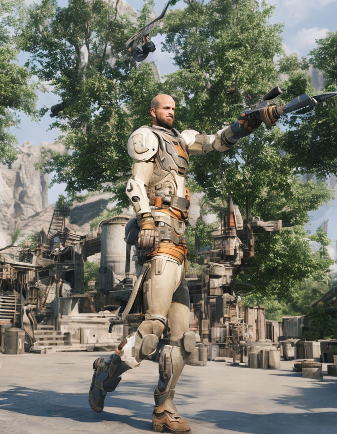 Bald, Muscular Character in Futuristic Armor with Gun at Stone Fortress