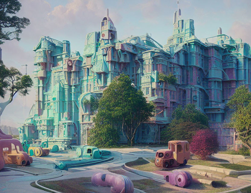 Pastel Blue and Pink Futuristic Cityscape with Whimsical Vehicles