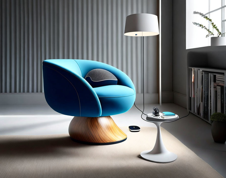 Blue armchair, white floor lamp, side table, bookshelf in modern living room