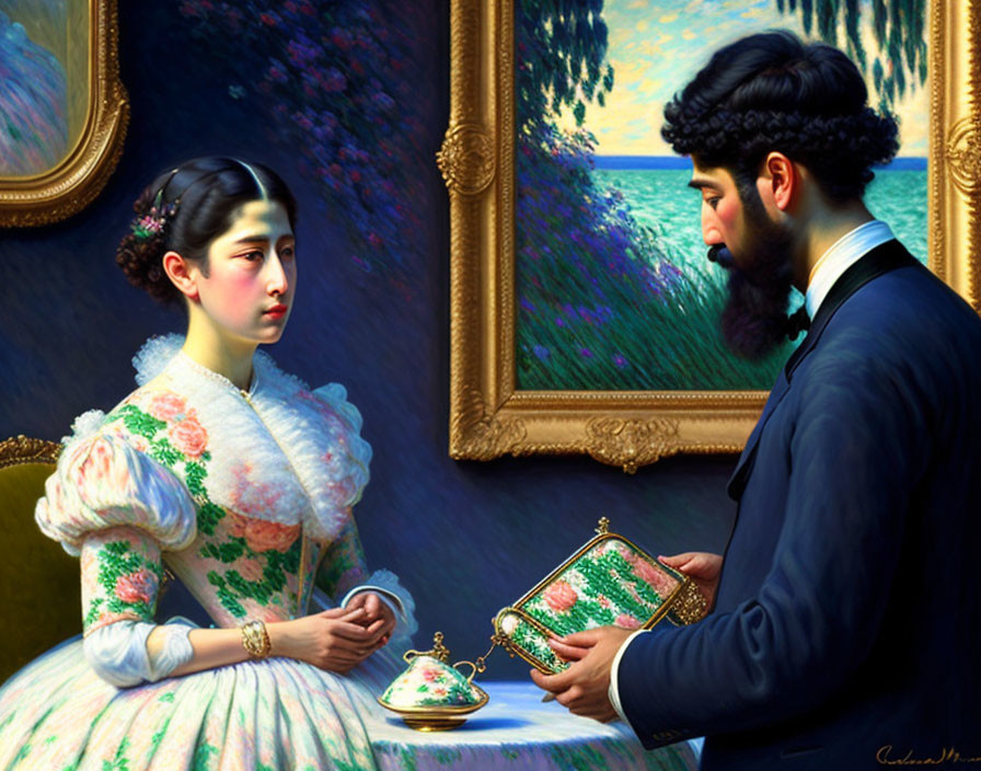 Classical-style painting of man and woman in 19th-century attire exchanging glances