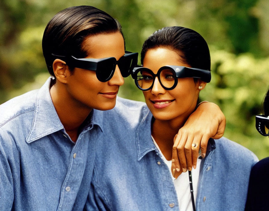 Stylish individuals in modern sunglasses and denim shirts smiling in leafy setting