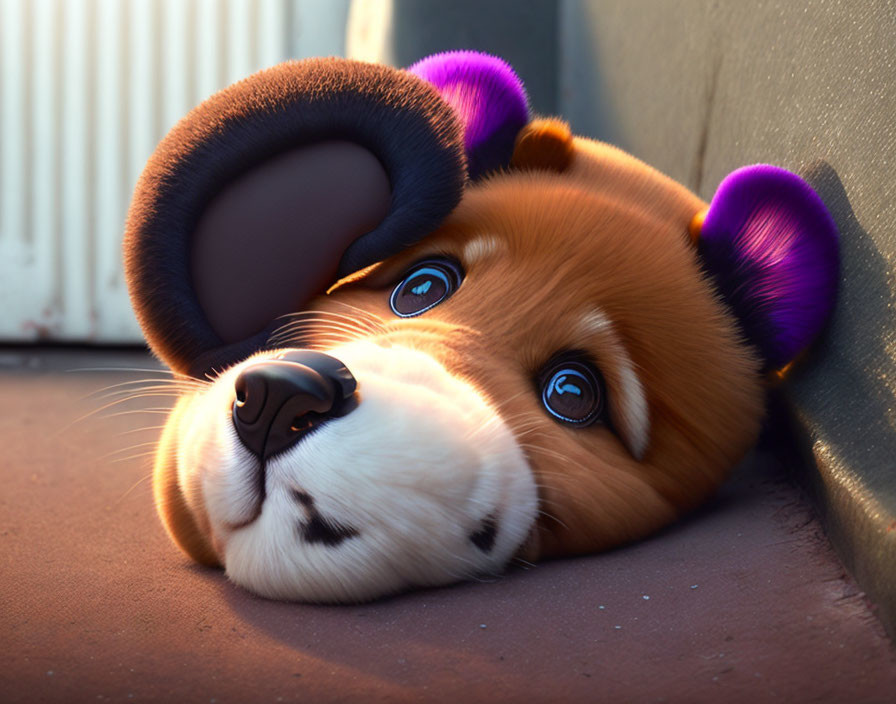 Close-up of cute animated puppy with large blue eyes and distinctive purplish tones on fluffy ears