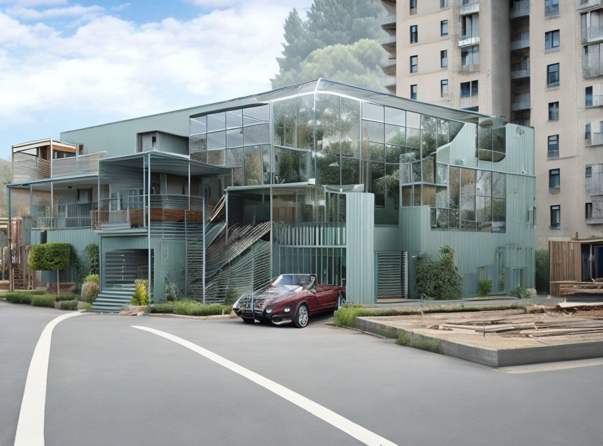 Glass-fronted building with green facade, external stairs, balconies, and red car.