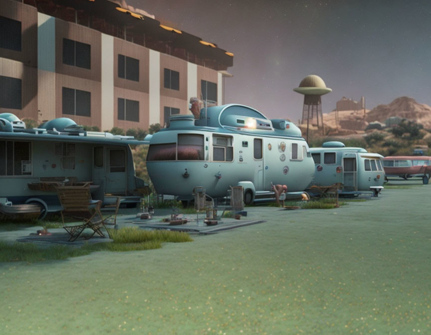 Retro-futuristic silver caravans in tranquil dusk setting