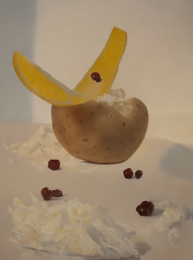 Vibrant still life: potato, orange slice, berries in cocktail-like arrangement