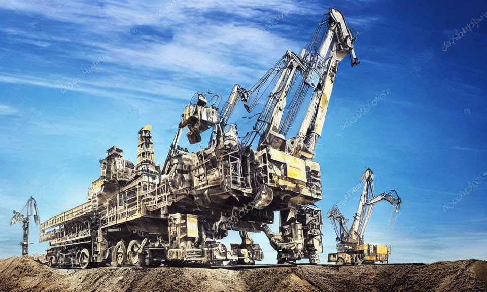 Giant bucket-wheel excavator in mining operation with cranes under clear blue sky