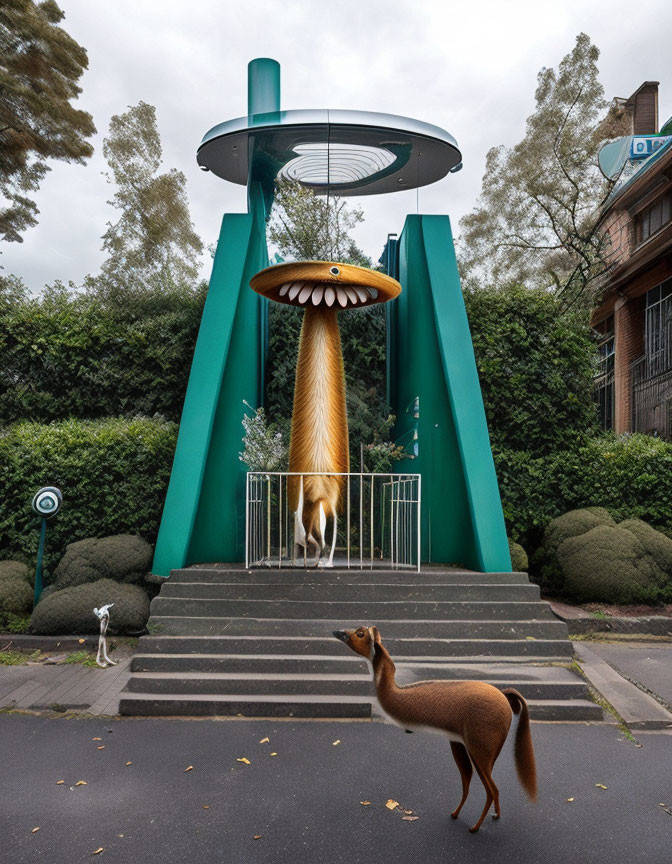 Futuristic UFO-like structure as a bridge for deer with dog watching