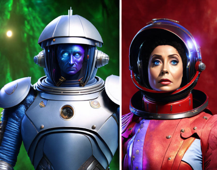 Futuristic robotic and human costumes against green and red nebulous background