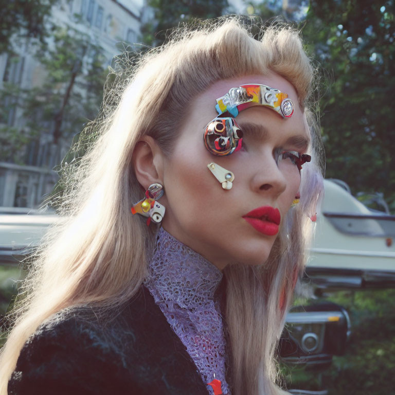 Avant-garde makeup woman in retro fashion with vintage car outdoors