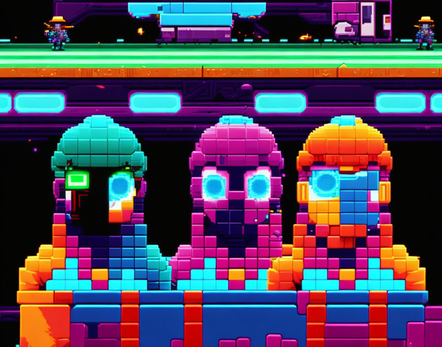 Colorful Blocky Characters with Glowing Eyes in Neon-Lit Futuristic Pixel Art