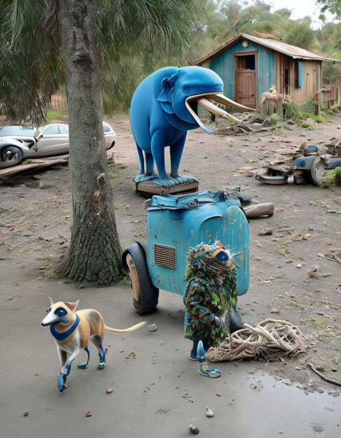 Blue elephant sculpture, painted dog, and camouflaged figure in rural scene