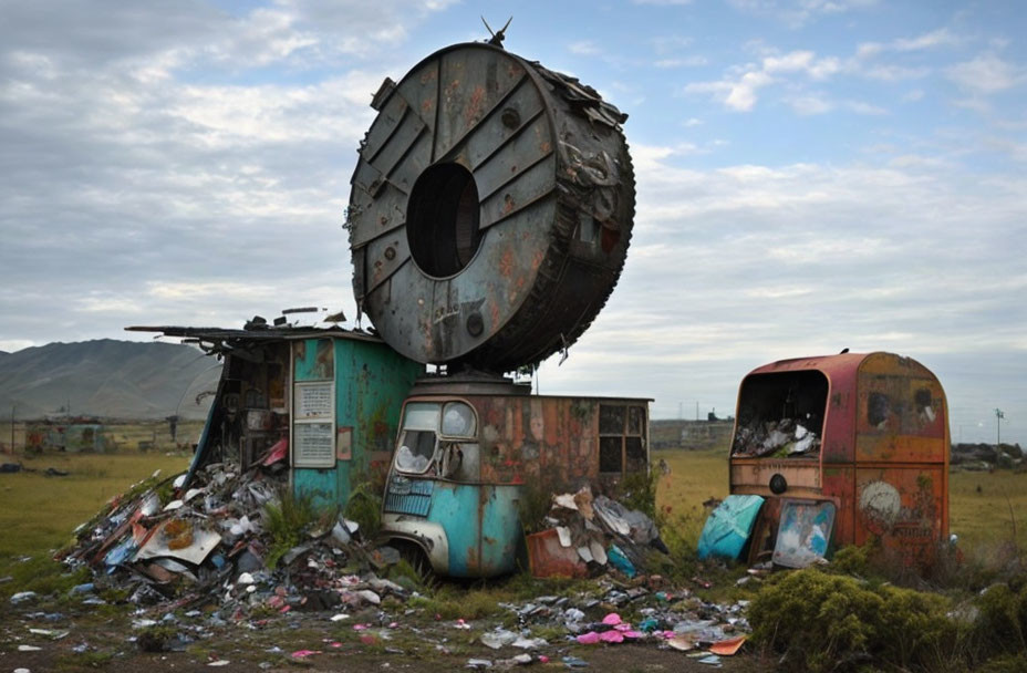 Abandoned vehicles and debris in grassy field with spherical structure under cloudy sky