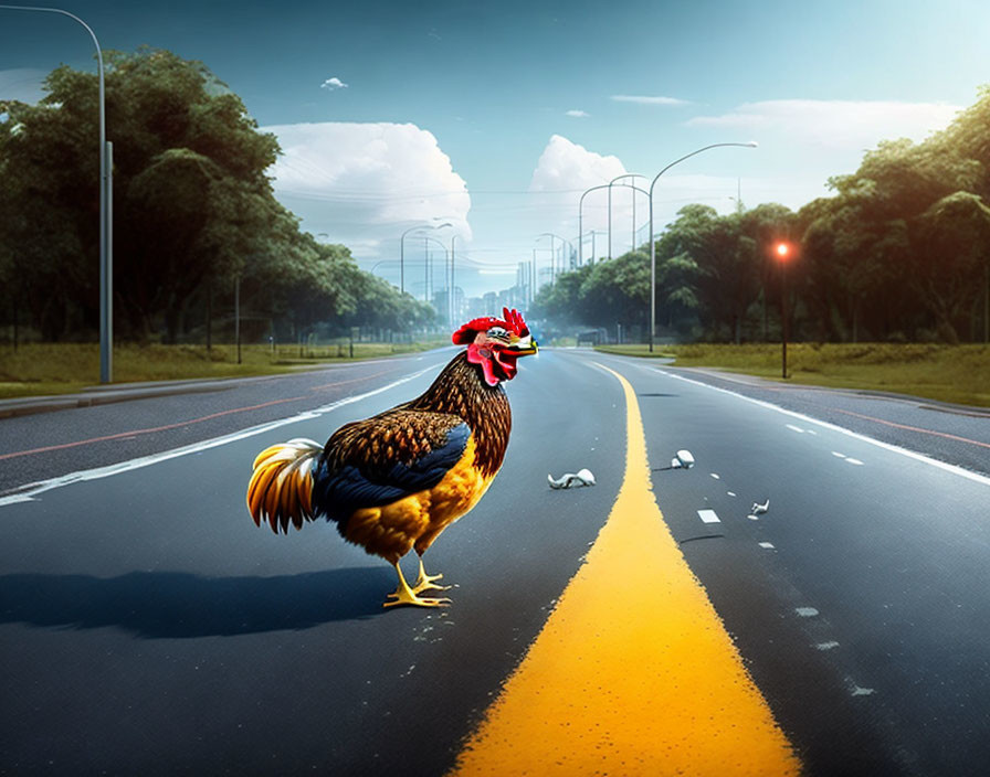 Proud Rooster in Deserted Road with Yellow Lines