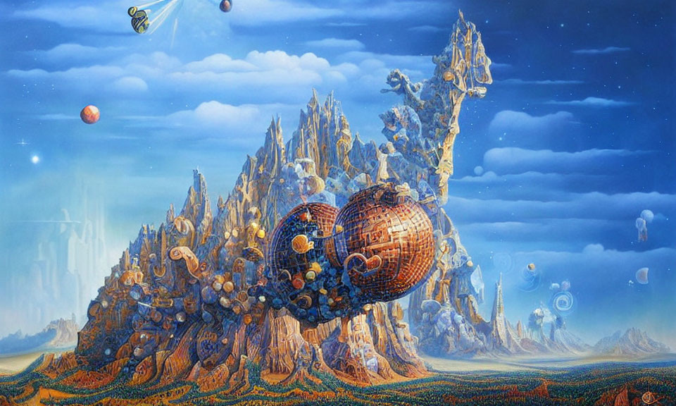 Fantastical landscape with floating castle and ethereal structures