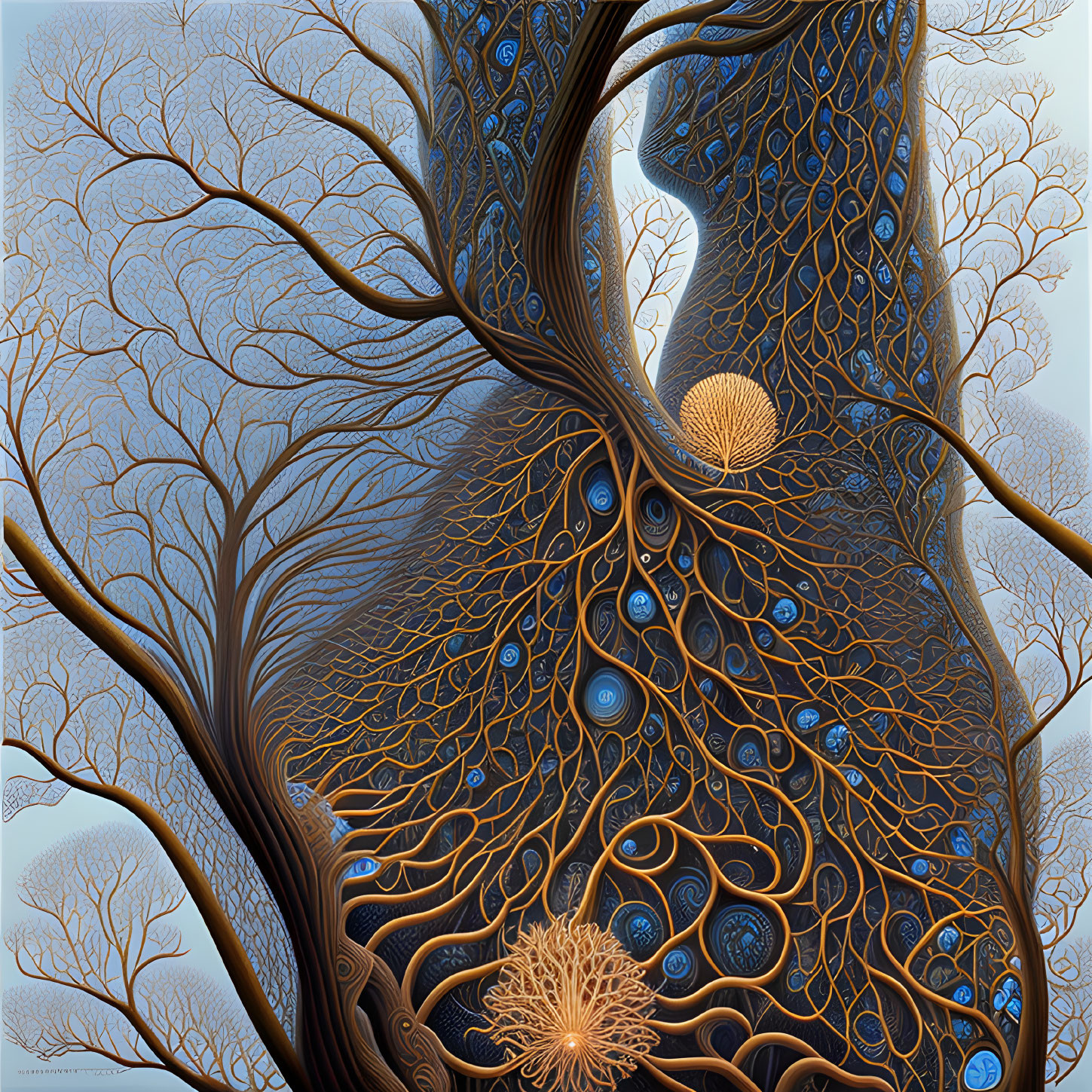 Surreal digital artwork: intricate tree with peacock feathers, golden orbs, blue background