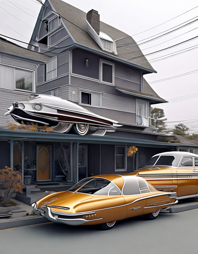 Digitally Altered Image of Orange Car on Street and Flipped Car Building Attachment