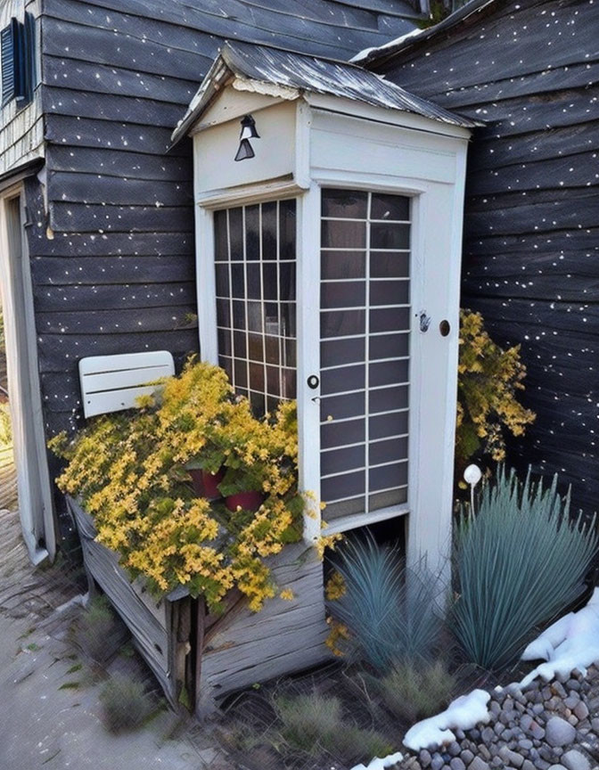 Wooden Entrance with White Door, Yellow Flowering Bushes, Lantern, and Pebble Landsc