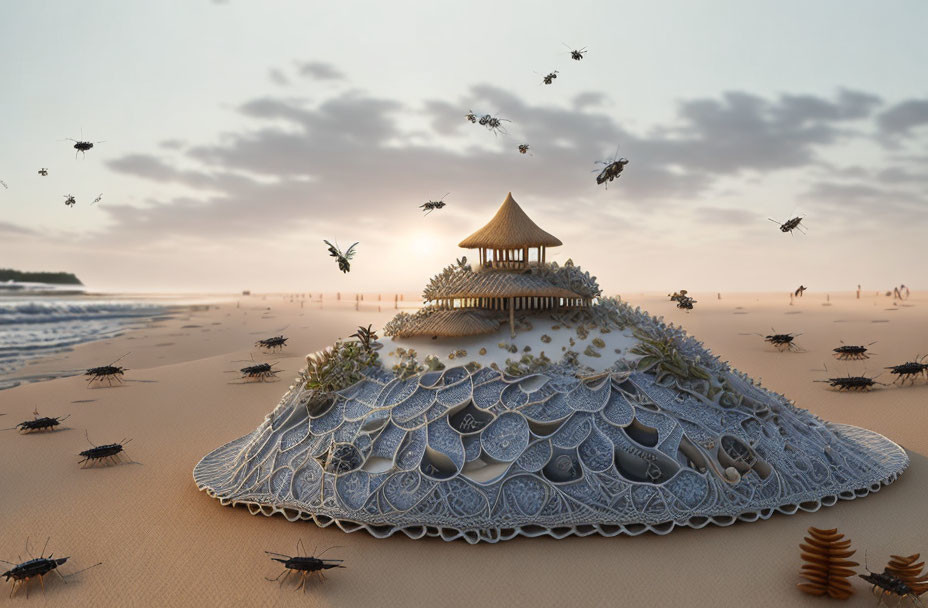 Scenic beach sunset with pavilion on shell, lanterns, and shells scattered on sand