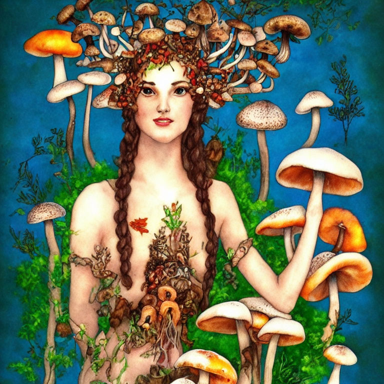 Fantasy illustration of a woman with mushroom crown in magical forest