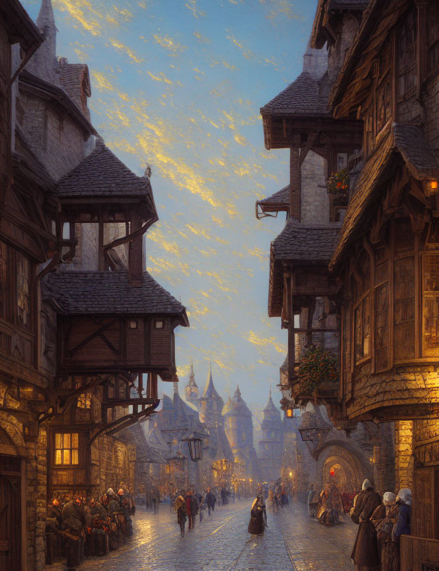 Medieval street scene with half-timbered buildings and townsfolk at dusk