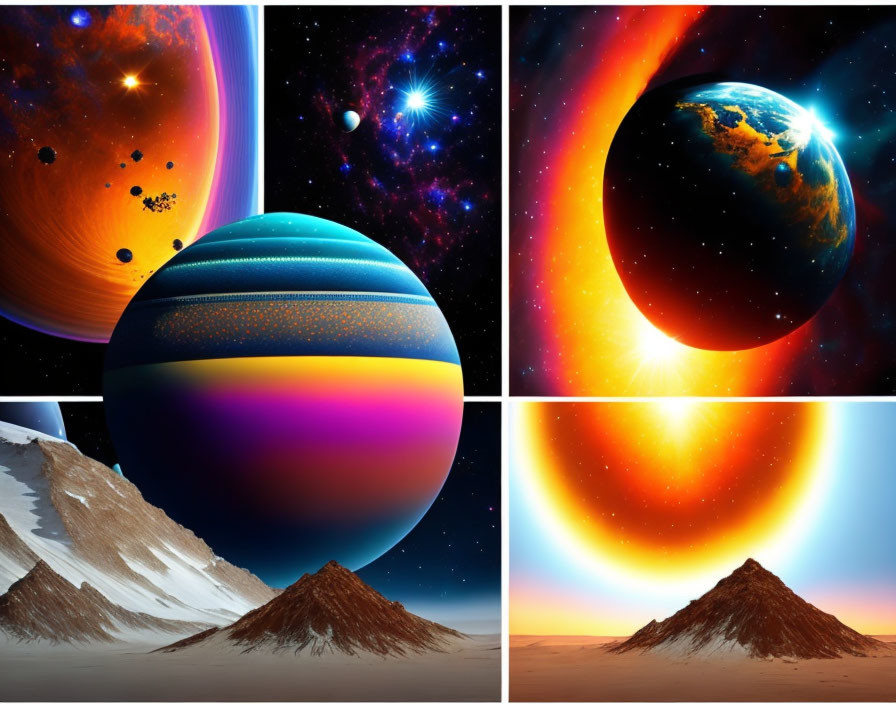 Collage of Four Vibrant Space-Themed Images with Planets, Stars, Meteorites, and