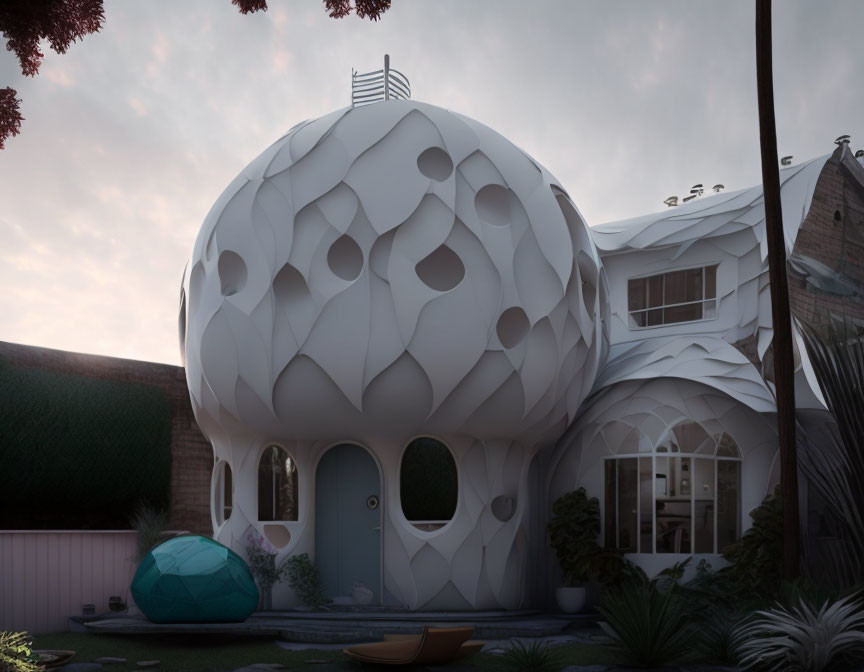 Spherical white house with patterned facade at twilight surrounded by garden and traditional houses