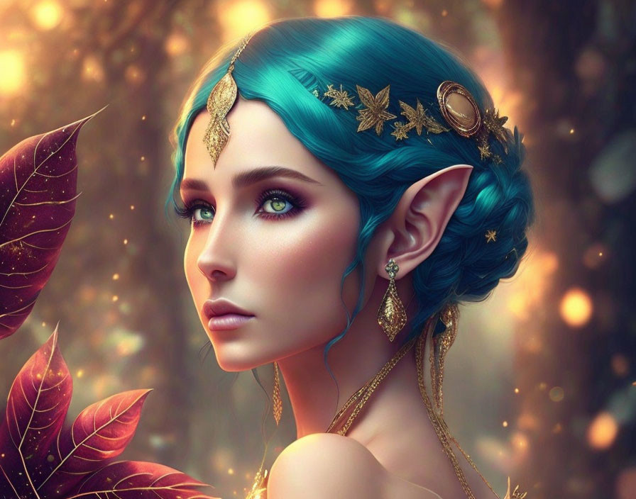 Fantasy female character with turquoise hair in autumnal setting