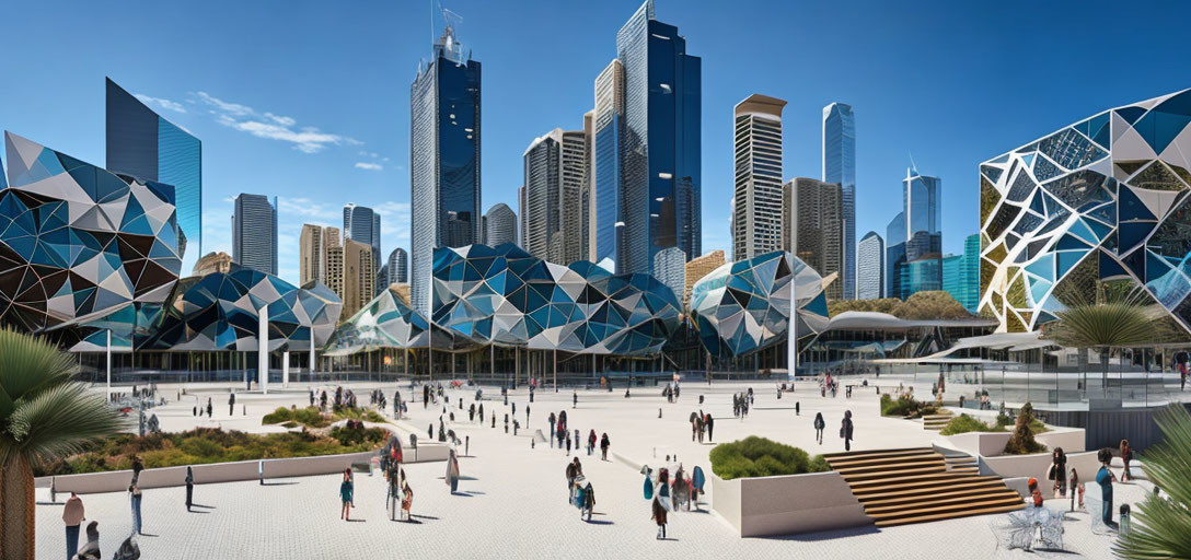 Modern cityscape with geometric buildings and pedestrians under clear blue sky