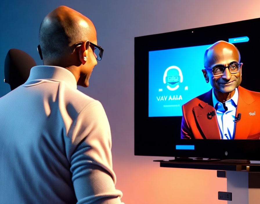 Person in white blazer with character on blue background and "VAYAIA" text on monitor