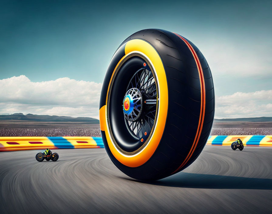 Close-up of racing tire on motorsport track with blurred motorcycles