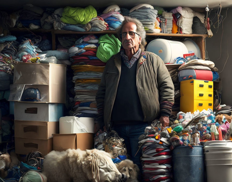 Cluttered room with stacked items, fabrics, dolls, and boxes