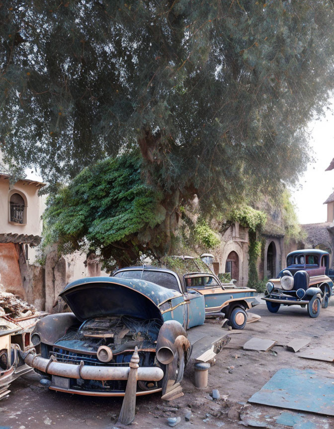 Abandoned vintage cars in rustic courtyard setting