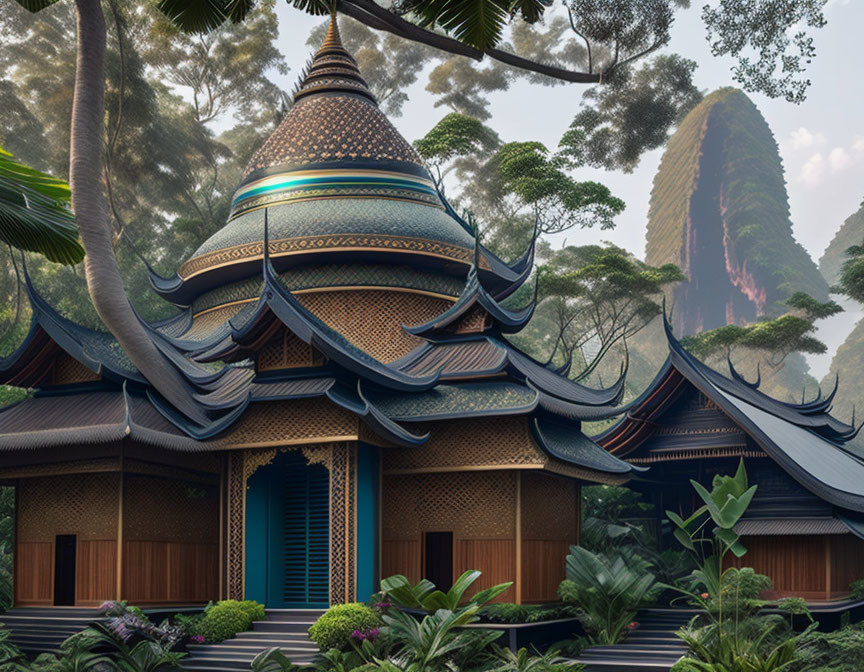 Traditional Asian Pagoda in Misty Forest with Towering Trees