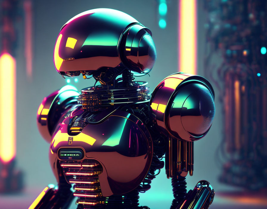 Futuristic glossy robot with spherical joints in neon-lit environment