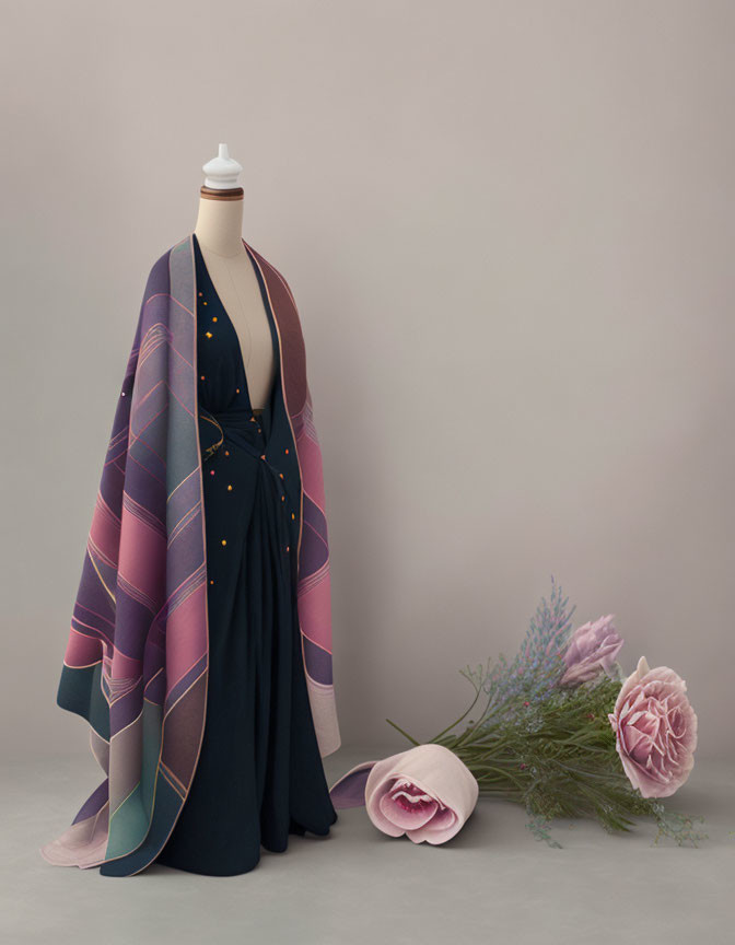 Mannequin in Dark Kimono with Geometric Patterns and Pink Flowers