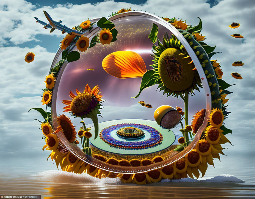 Transparent sphere with sunflowers, hot air balloon, and airplane in colorful landscape