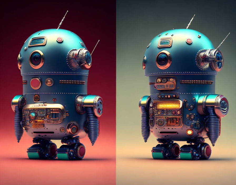 Retro-styled robots with antennas and internal gears in warm glow