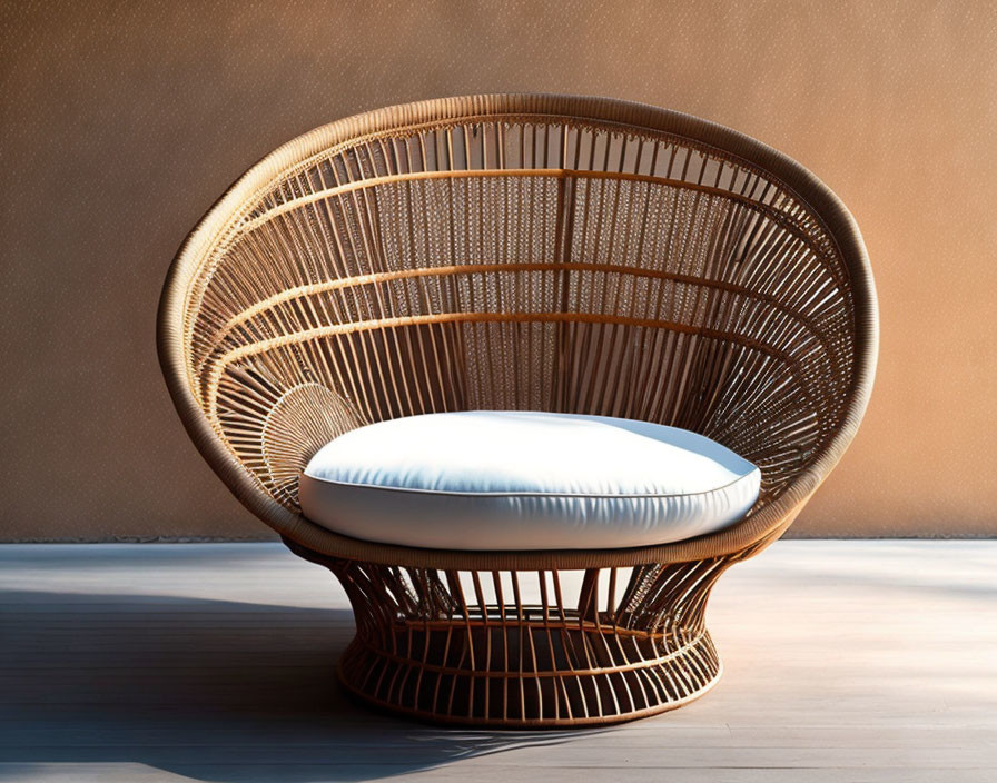 Modern Rattan Lounge Chair with Round Open-Weave Backrest and White Cushion