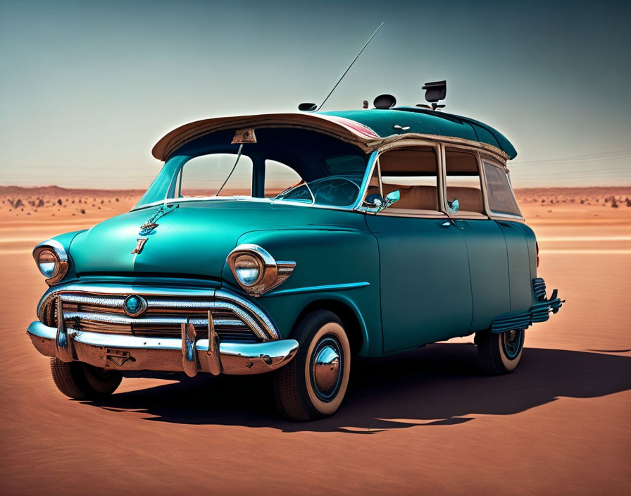 Classic Turquoise Car with Wooden Rooftop in Desert Setting