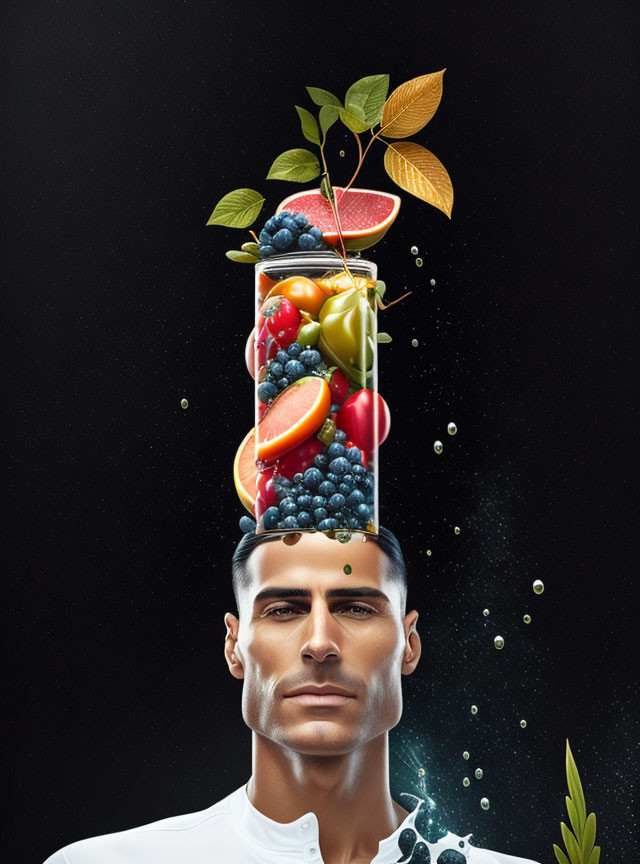 Man's head with vertical fruit assortment on dark background