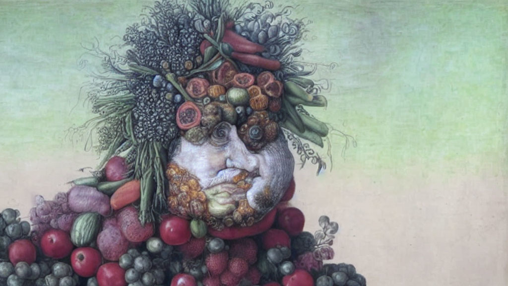 Colorful surreal portrait made of fruits and vegetables.