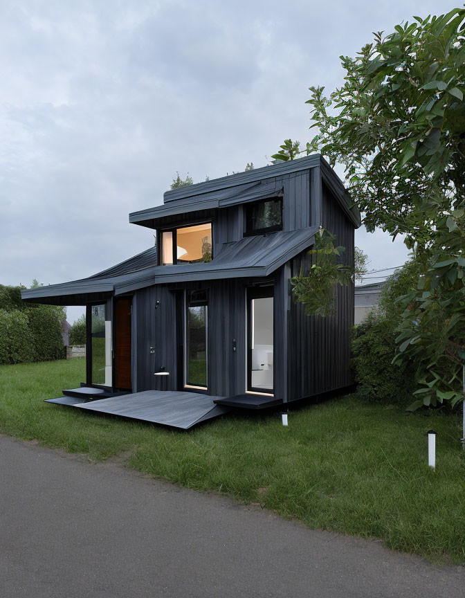 Modern two-story black house with large windows, flat roof, extended porch, near lush tree and manic