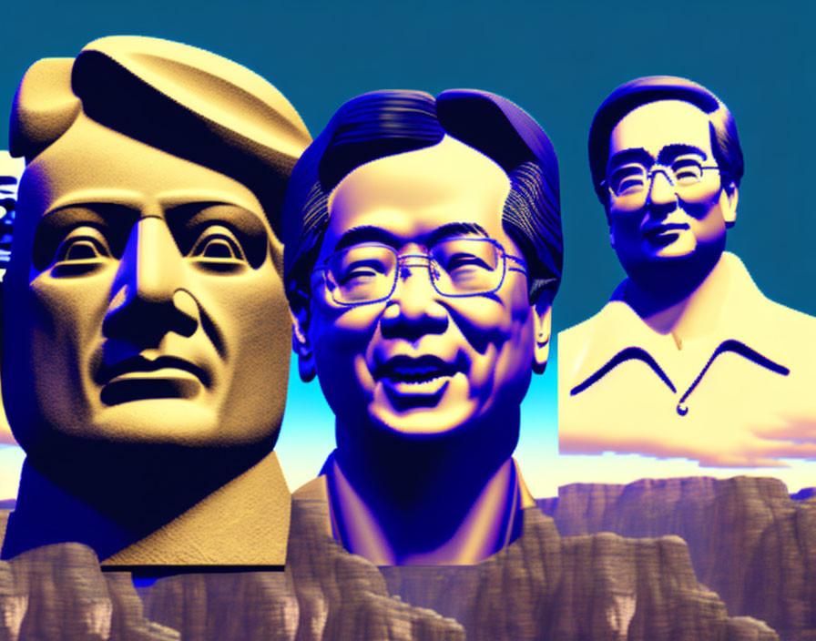 Stylized busts with exaggerated features on blue background