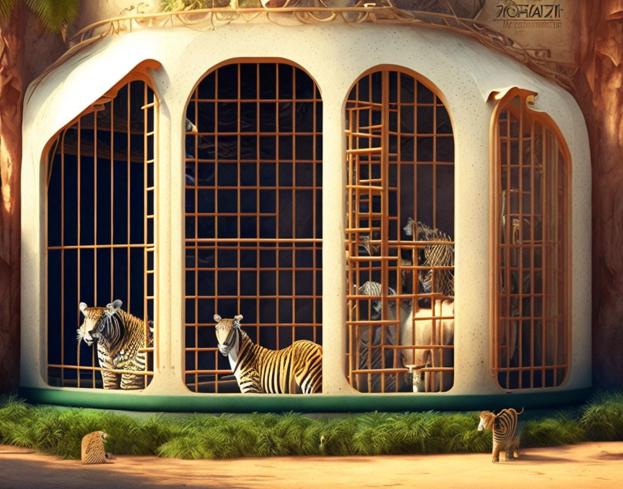 Zebras in stylized enclosure with arched windows, in sandy setting.