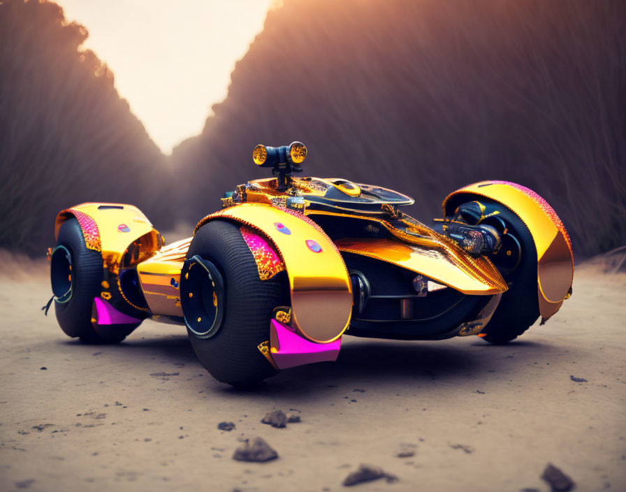 Golden and Purple Futuristic Race Car with Oversized Wheels in Misty Road