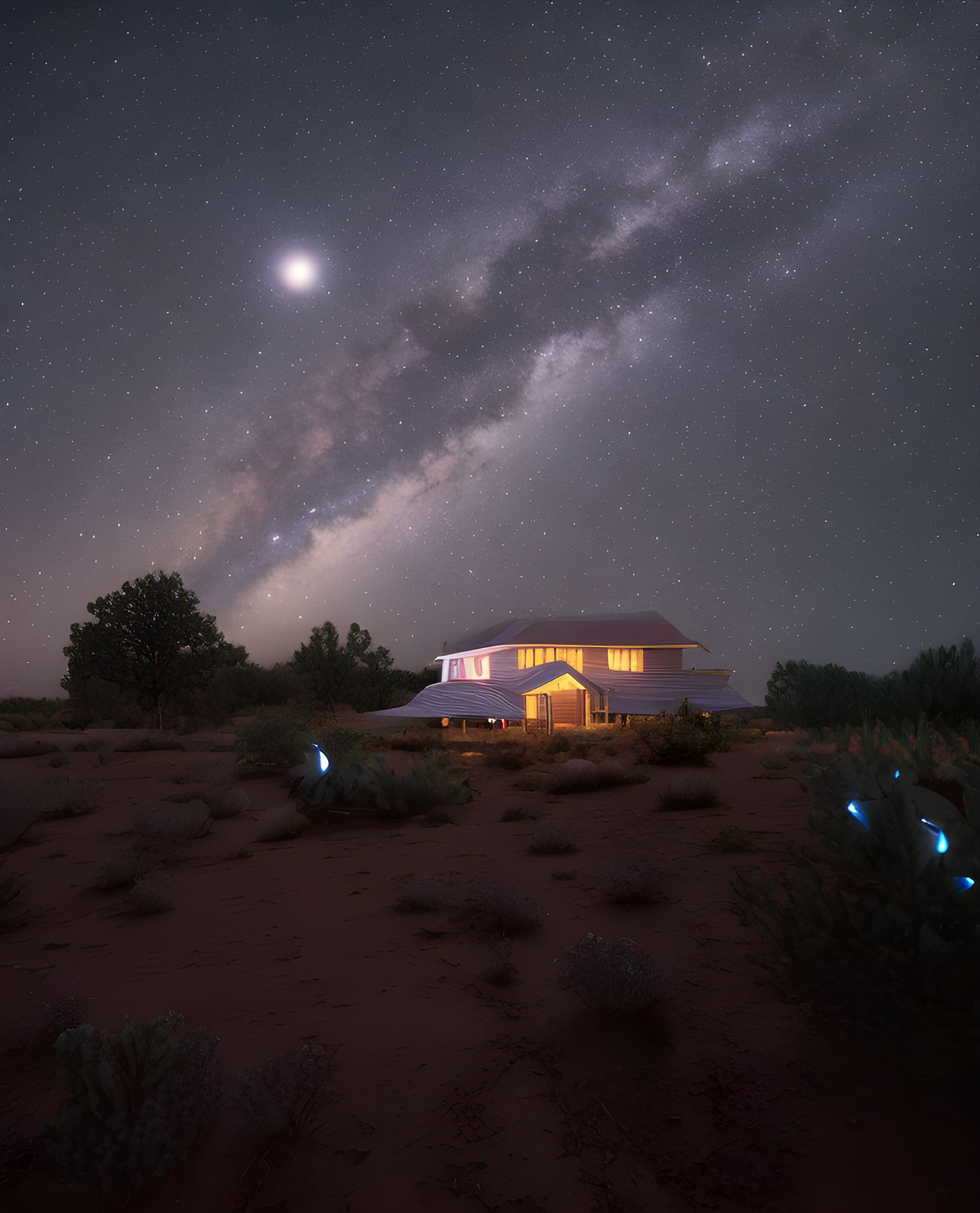 House with illuminated windows under starry night sky in desert landscape